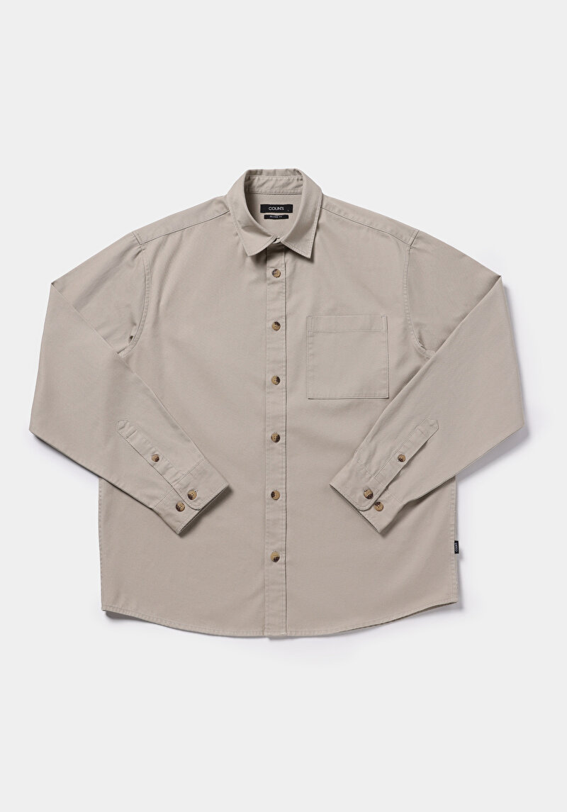 Relaxed Fit Shirt Neck Düz Erkek Bej Uzun Kol Gömlek