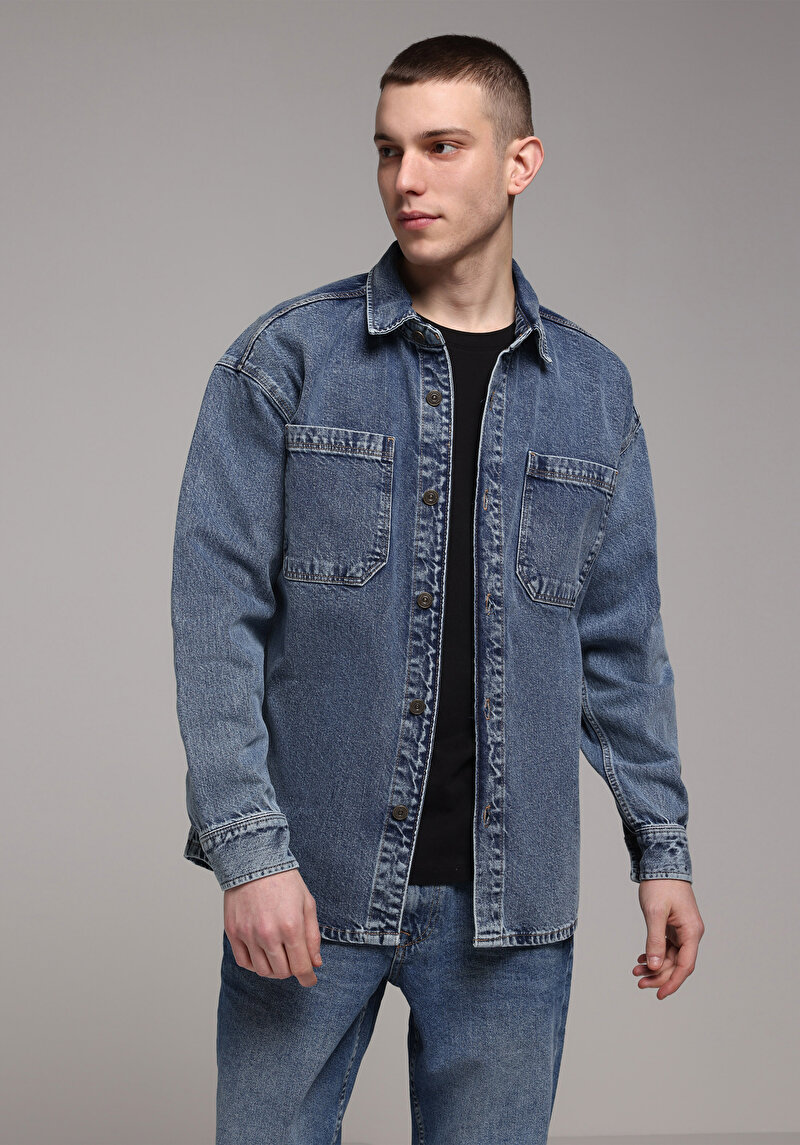 Oversize Fit   Erkek Mavi Shacket
