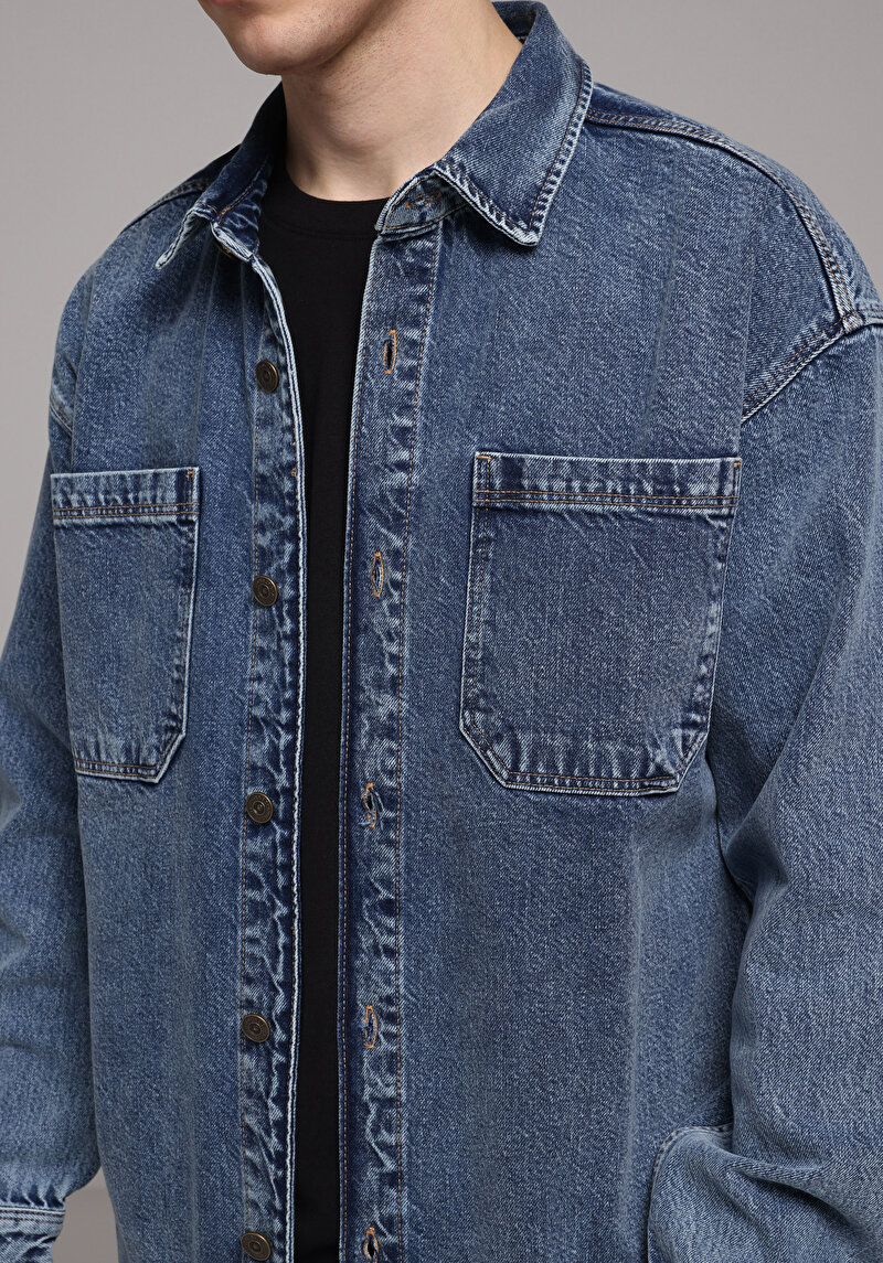 Oversize Fit   Erkek Mavi Shacket