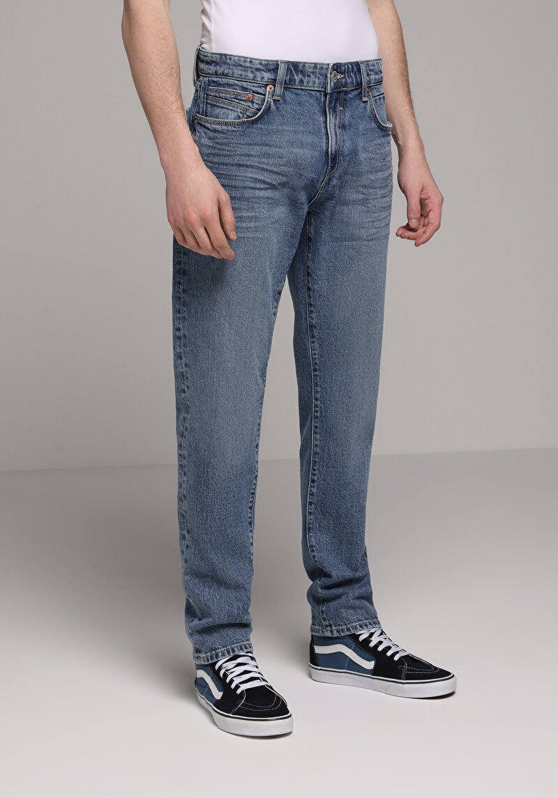 Slim Fit   Erkek Mid İndigo Denim Jean Pantolon