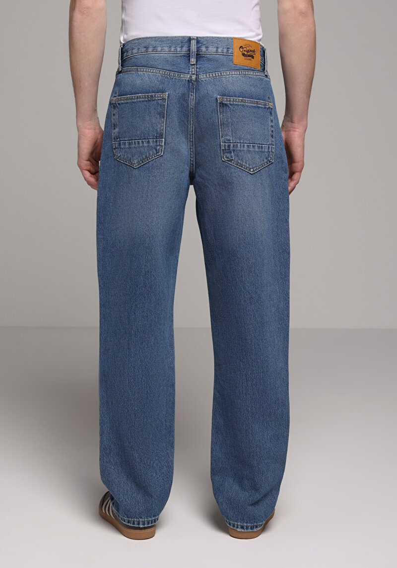 Loose Relaxed Fit   Erkek Mid İndigo Denim Jean Pantolon