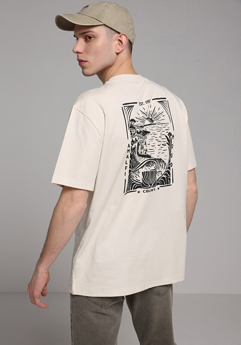 Comfort Fit Yuvarlak Yaka Baskılı Erkek Bej Kısa Kol Tişört