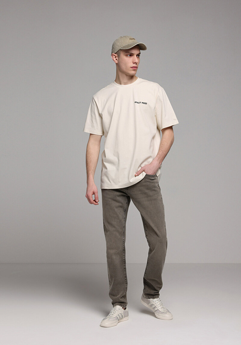 Comfort Fit Yuvarlak Yaka Baskılı Erkek Bej Kısa Kol Tişört