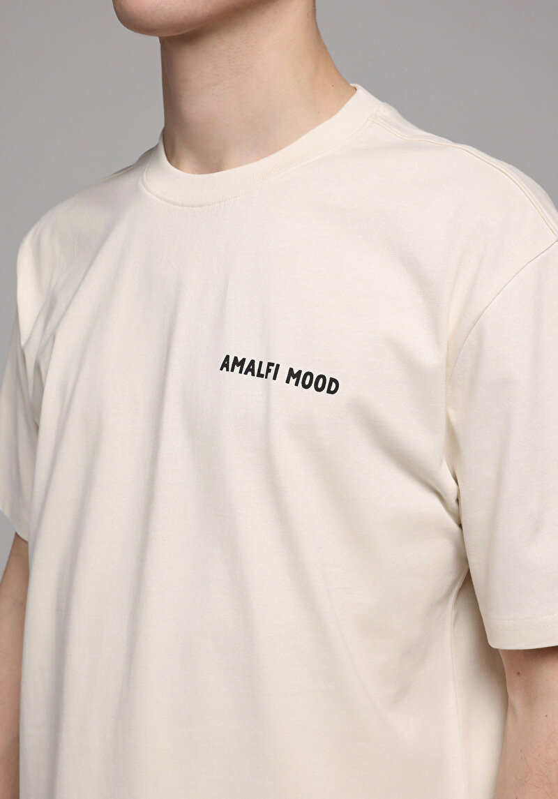 Comfort Fit Yuvarlak Yaka Baskılı Erkek Bej Kısa Kol Tişört