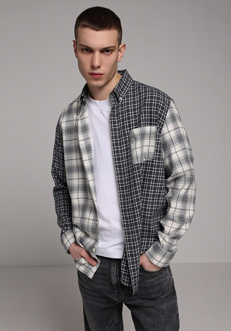 Relaxed Fit Shirt Neck Ekoseli Erkek Gri Uzun Kol Gömlek