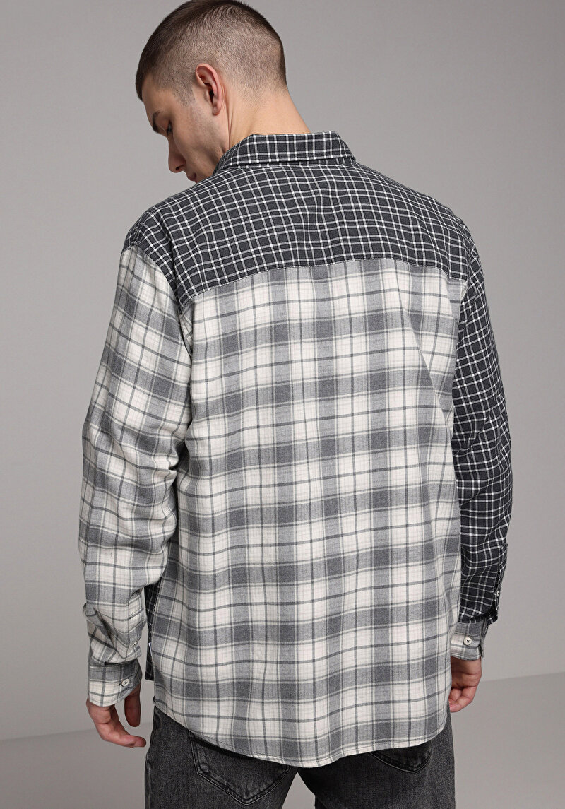 Relaxed Fit Shirt Neck Ekoseli Erkek Gri Uzun Kol Gömlek