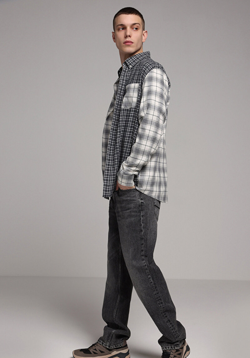 Relaxed Fit Shirt Neck Ekoseli Erkek Gri Uzun Kol Gömlek