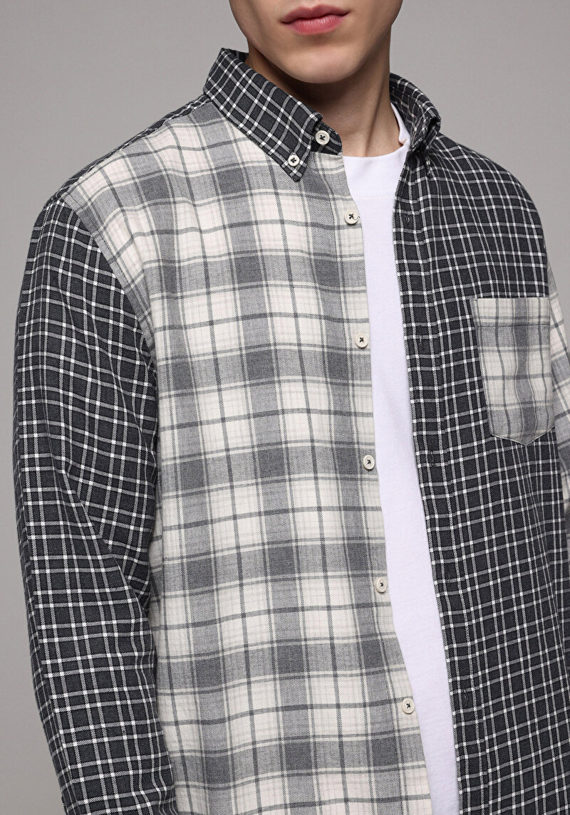 Relaxed Fit Shirt Neck Ekoseli Erkek Gri Uzun Kol Gömlek