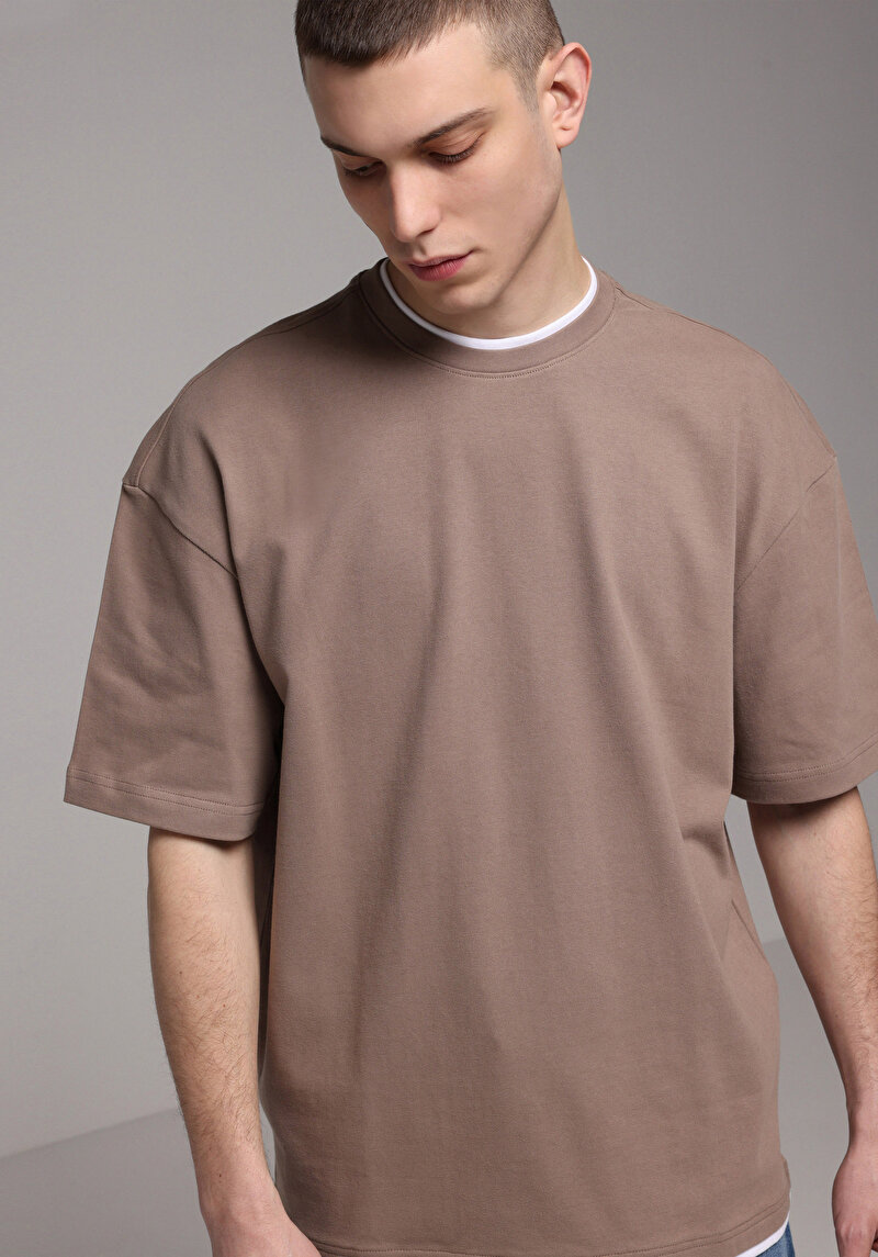 Oversize Fit Yuvarlak Yaka Düz Erkek Gri Kısa Kol Tişört