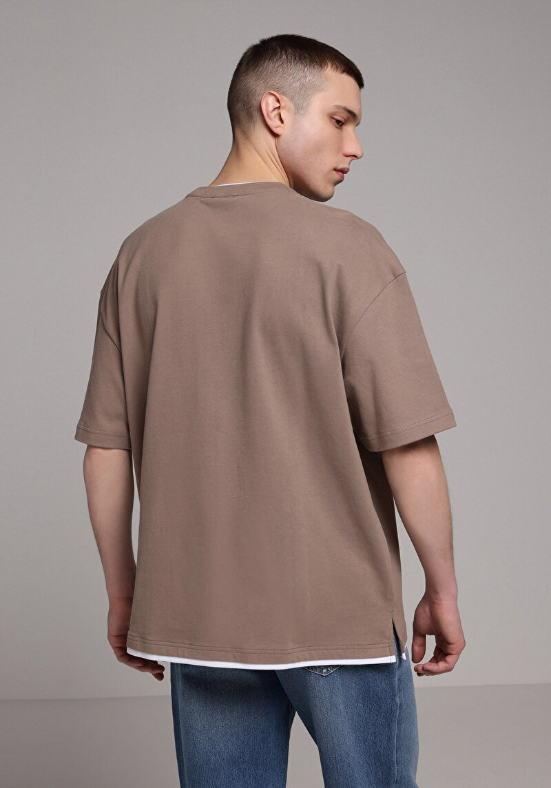 Oversize Fit Yuvarlak Yaka Düz Erkek Gri Kısa Kol Tişört