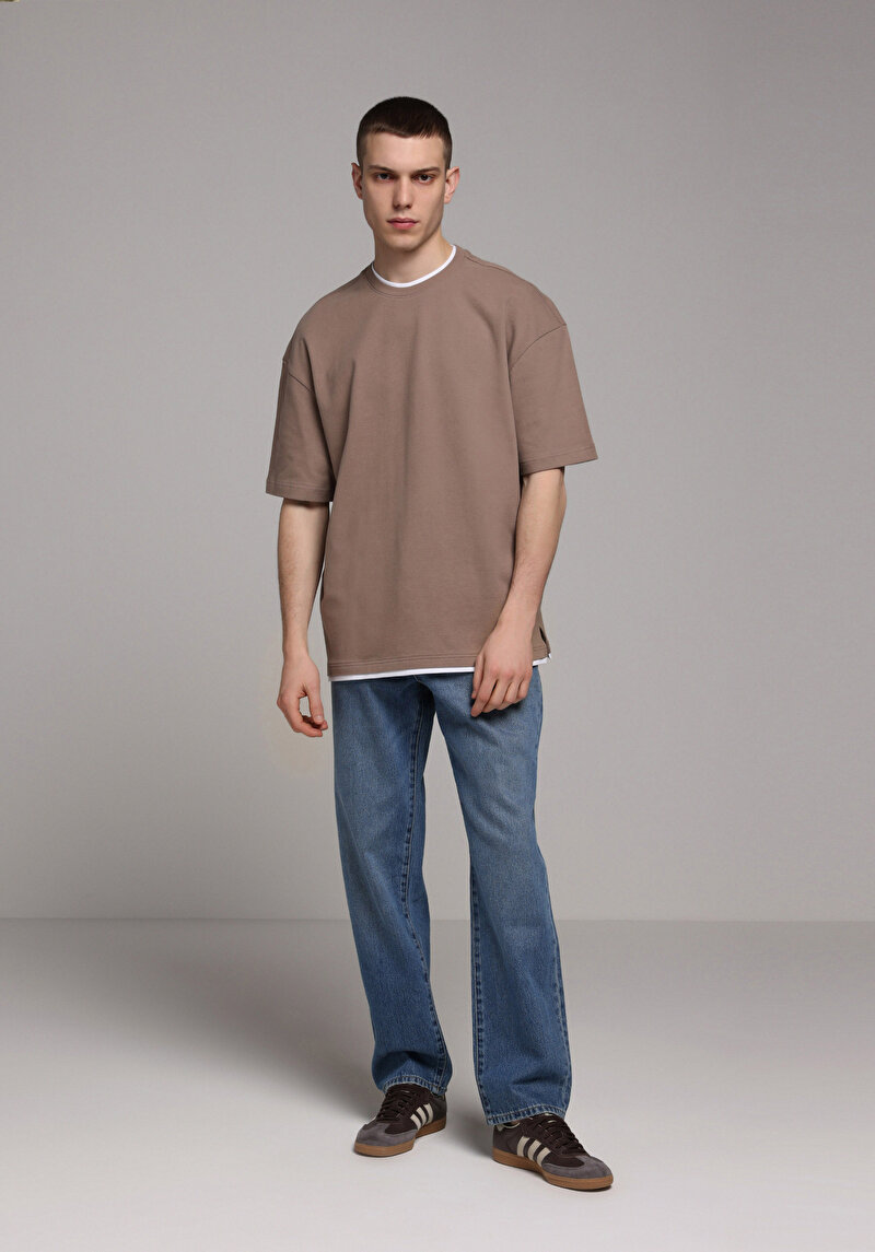 Oversize Fit Yuvarlak Yaka Düz Erkek Gri Kısa Kol Tişört