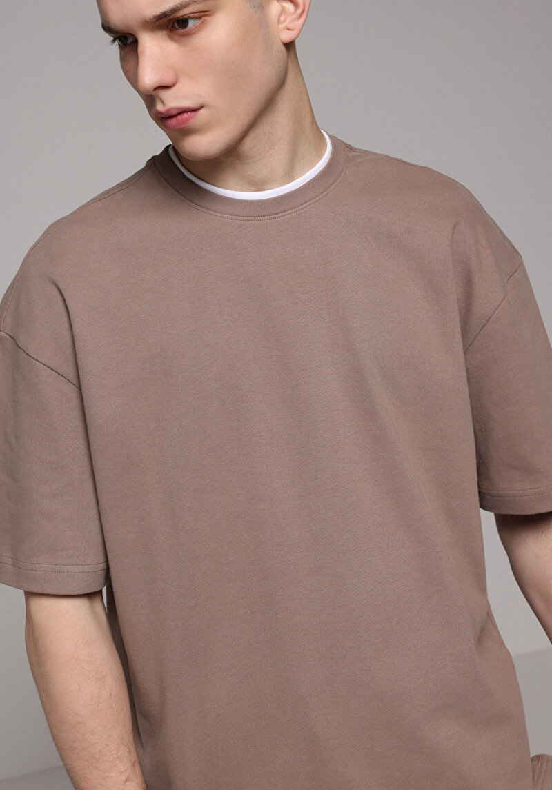 Oversize Fit Yuvarlak Yaka Düz Erkek Gri Kısa Kol Tişört