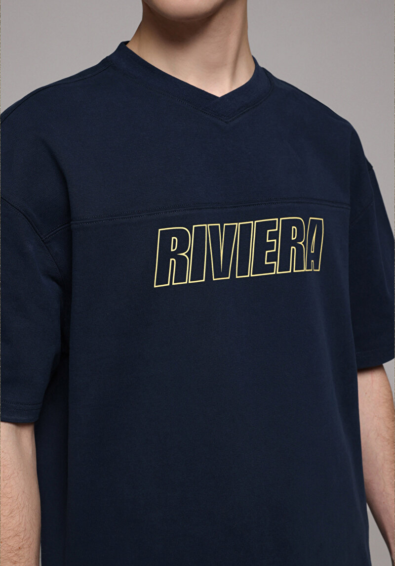 Oversize Fit V Yaka Düz Erkek Lacivert Kısa Kol Tişört