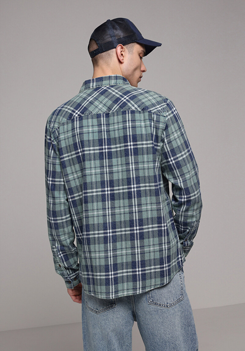 Regular Fit Shirt Neck Ekoseli Erkek Yeşil Uzun Kol Gömlek