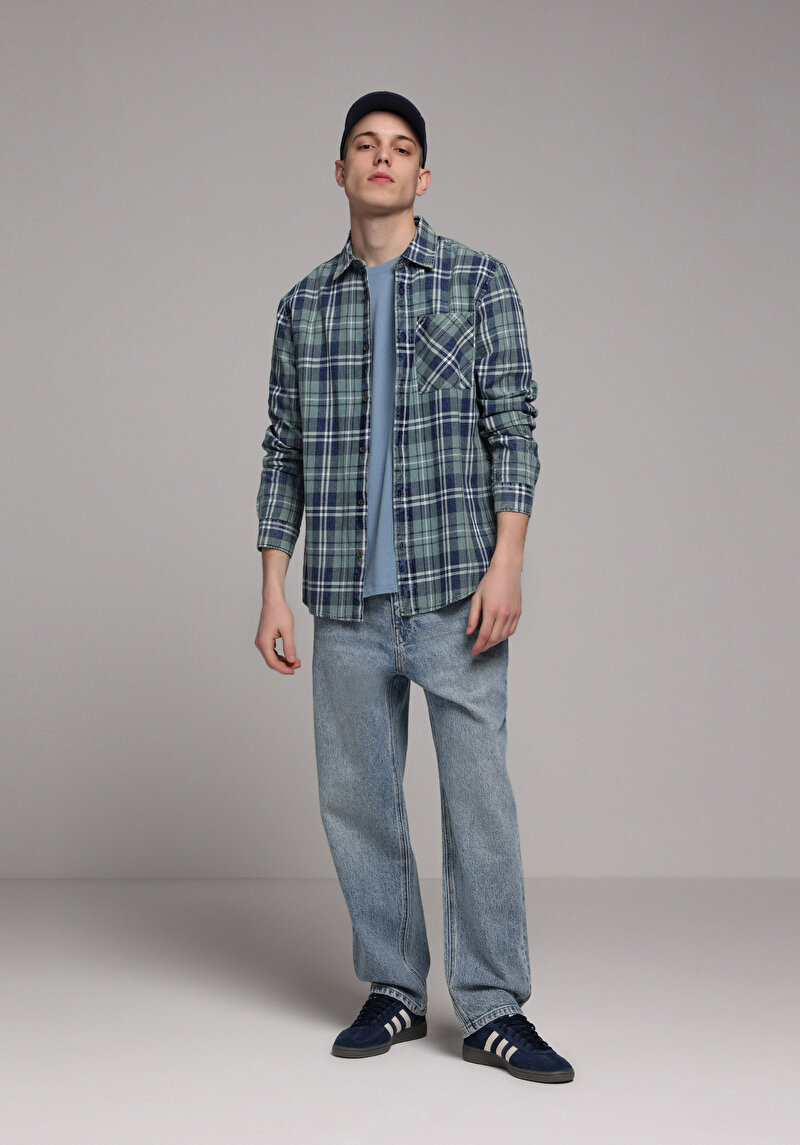 Regular Fit Shirt Neck Ekoseli Erkek Yeşil Uzun Kol Gömlek