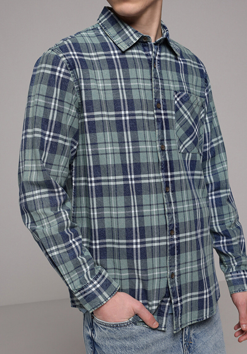 Regular Fit Shirt Neck Ekoseli Erkek Yeşil Uzun Kol Gömlek