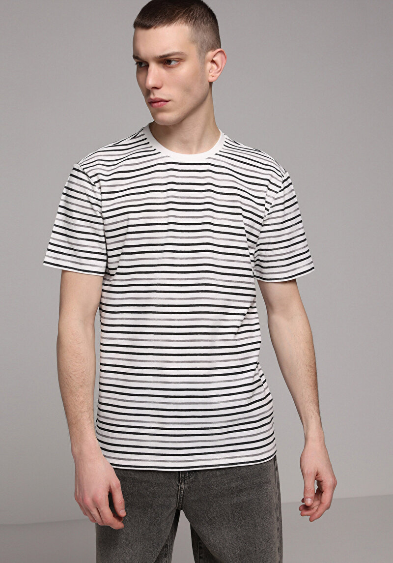 Regular Fit Yuvarlak Yaka Çizgili Erkek Gri Kısa Kol Tişört