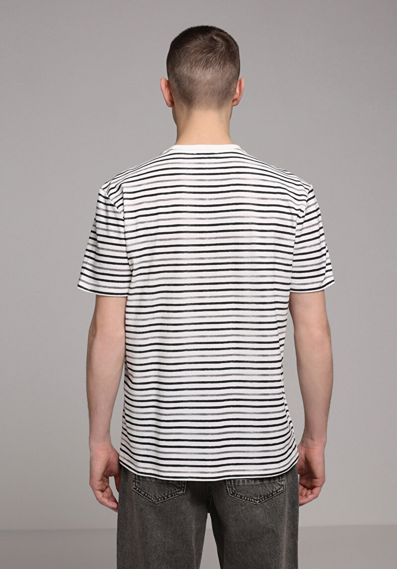 Regular Fit Yuvarlak Yaka Çizgili Erkek Gri Kısa Kol Tişört