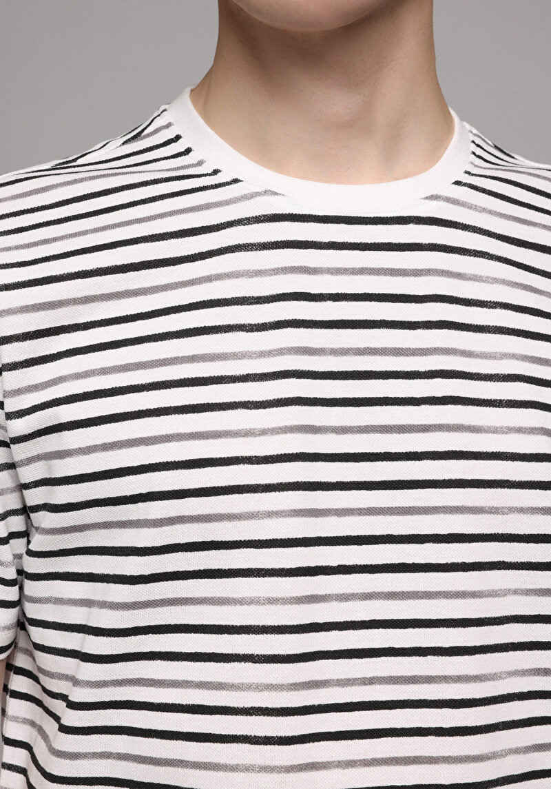 Regular Fit Yuvarlak Yaka Çizgili Erkek Gri Kısa Kol Tişört