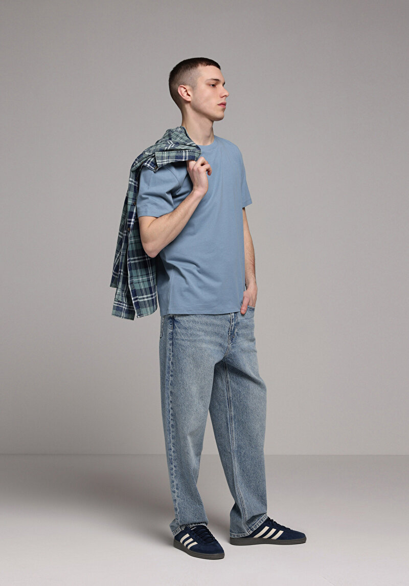 Baggy Fit Orta Bel Bol Paça Erkek Light İndigo Denim Jean Pantolon