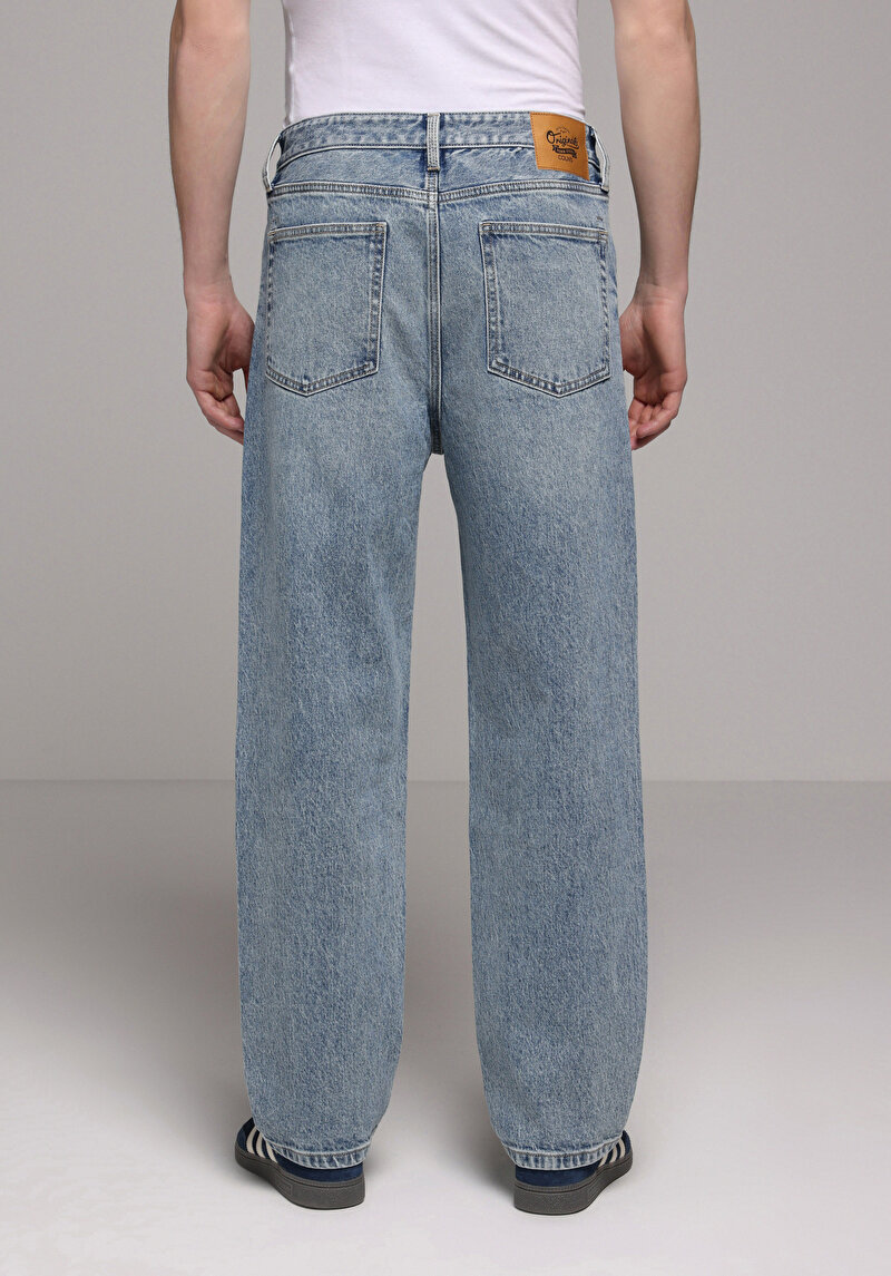 Baggy Fit Orta Bel Bol Paça Erkek Light İndigo Denim Jean Pantolon