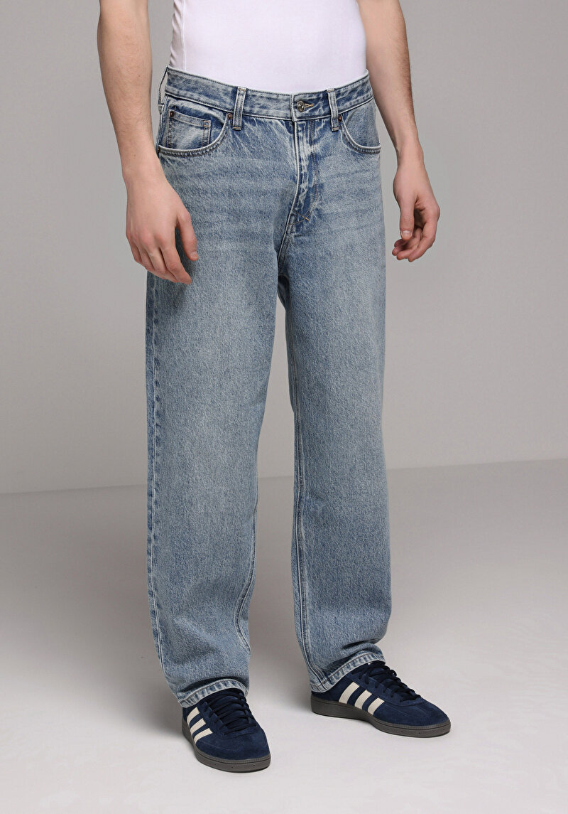 Baggy Fit Orta Bel Bol Paça Erkek Light İndigo Denim Jean Pantolon