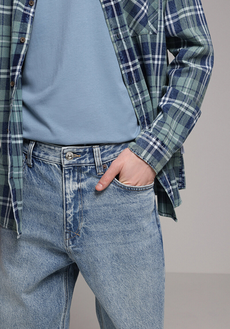 Baggy Fit Orta Bel Bol Paça Erkek Light İndigo Denim Jean Pantolon