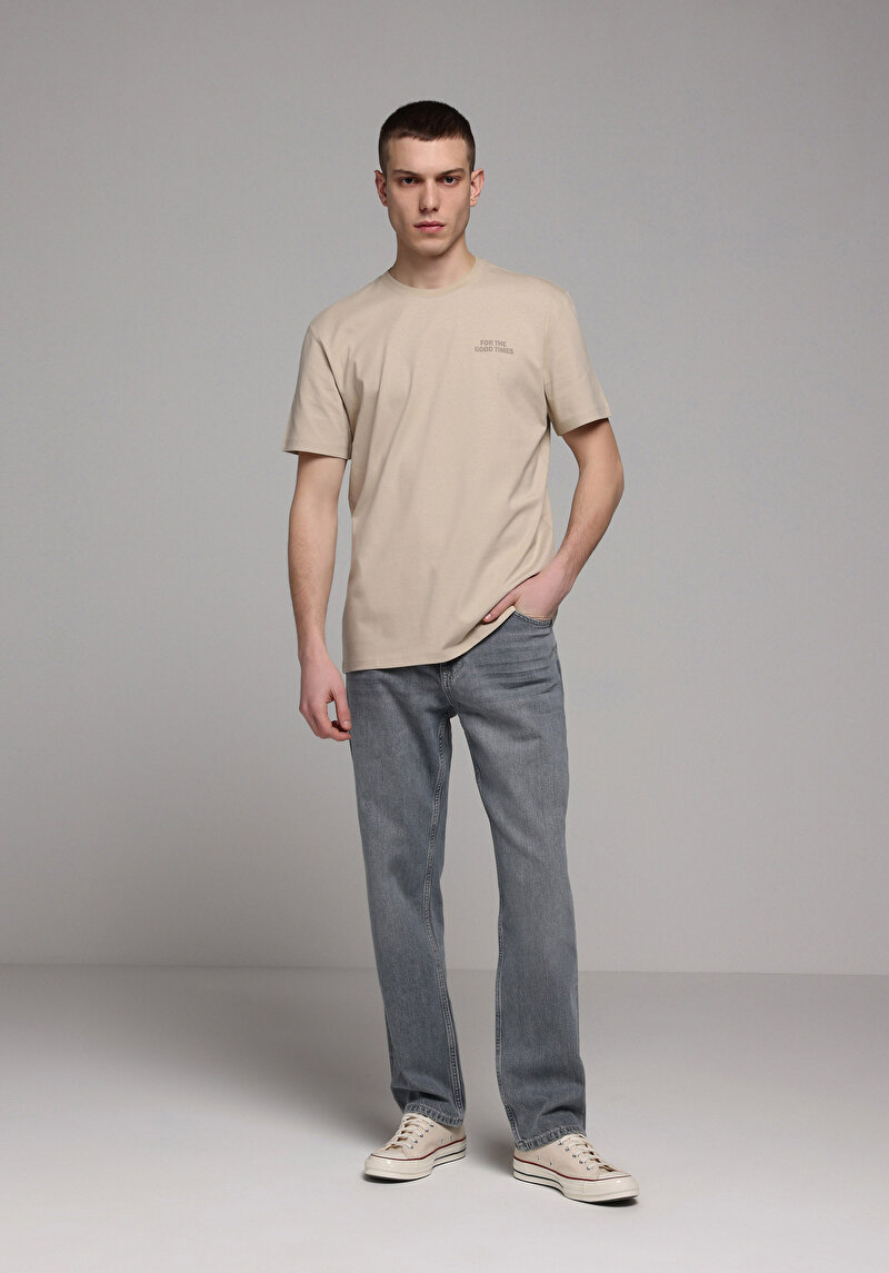 Regular Fit Yuvarlak Yaka Düz Erkek Bej Kısa Kol Tişört