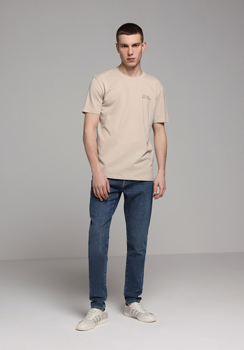 Regular Fit Yuvarlak Yaka Düz Erkek Bej Kısa Kol Tişört