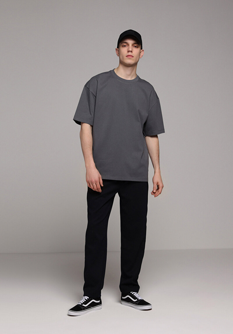 Oversize Fit Yuvarlak Yaka Düz Erkek Antrasit Kısa Kol Tişört