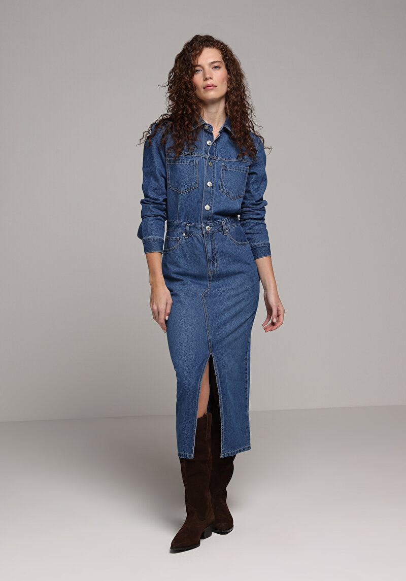 Slim Fit Düz Kadın Mavi Uzun Kol Elbise