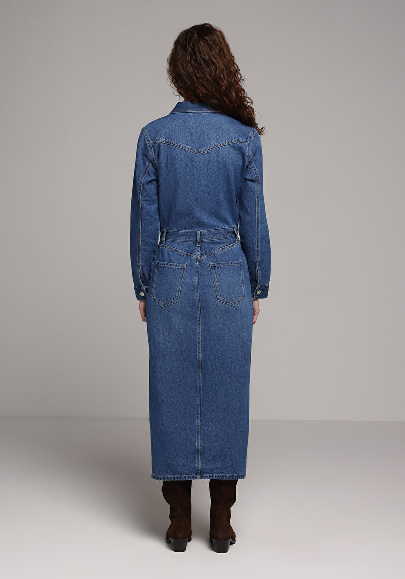 Slim Fit Düz Kadın Mavi Uzun Kol Elbise