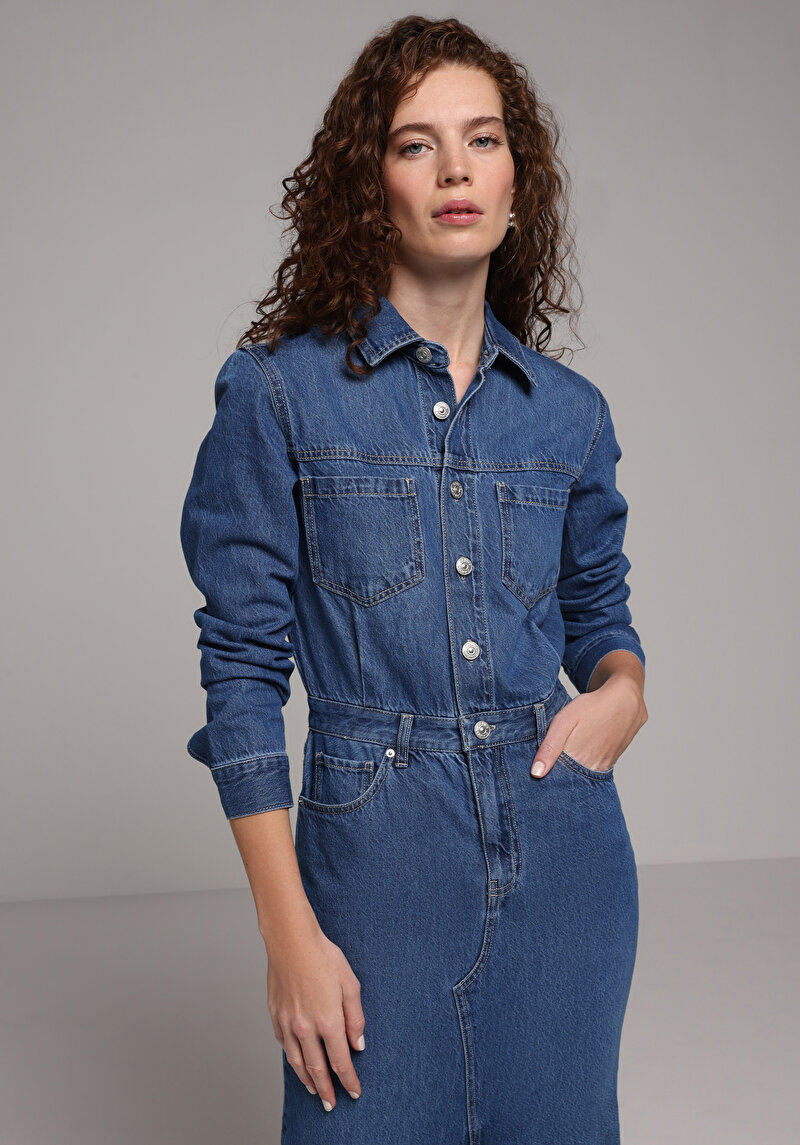 Slim Fit Düz Kadın Mavi Uzun Kol Elbise