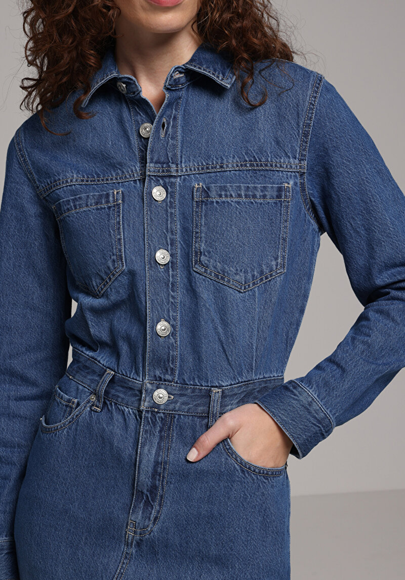 Slim Fit Düz Kadın Mavi Uzun Kol Elbise