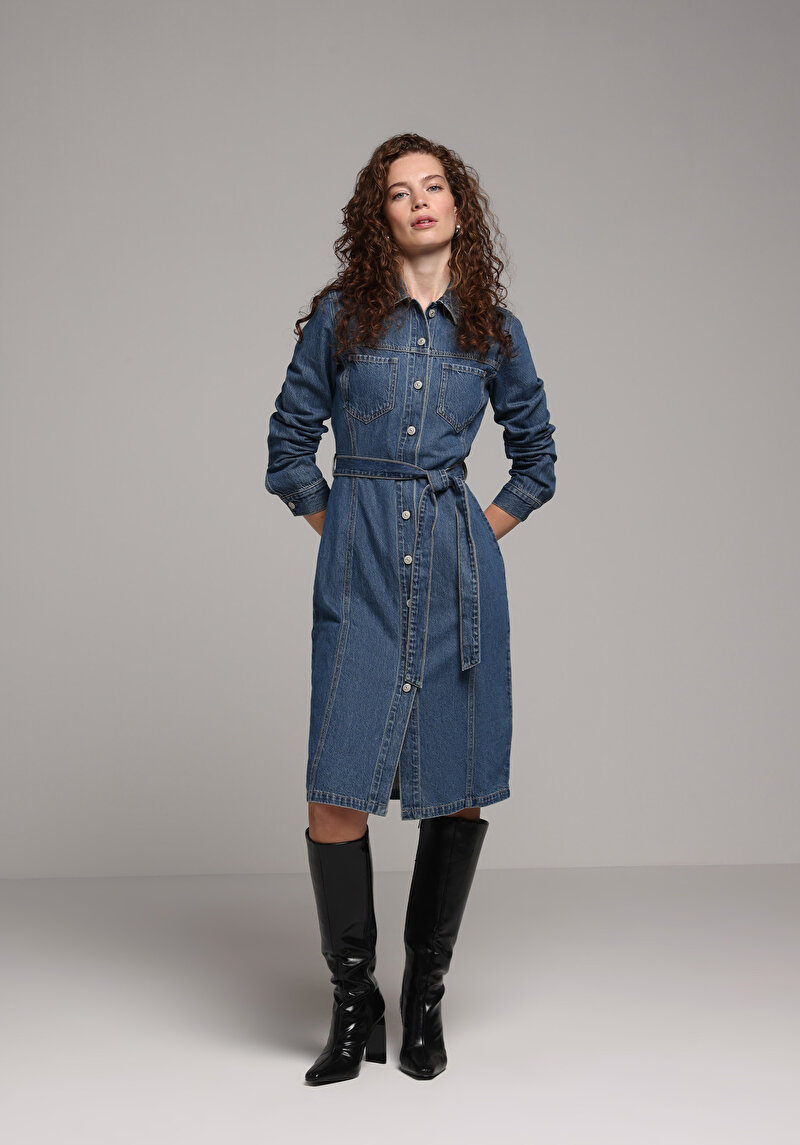 Slim Fit Düz Kadın Mavi Uzun Kol Elbise