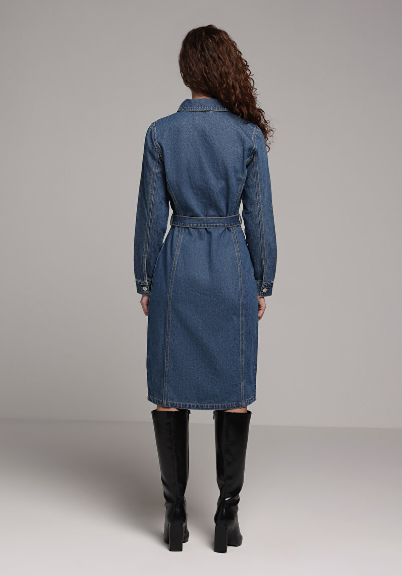 Slim Fit Düz Kadın Mavi Uzun Kol Elbise