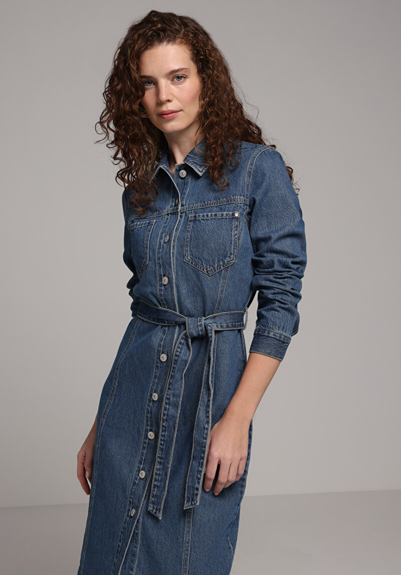 Slim Fit Düz Kadın Mavi Uzun Kol Elbise