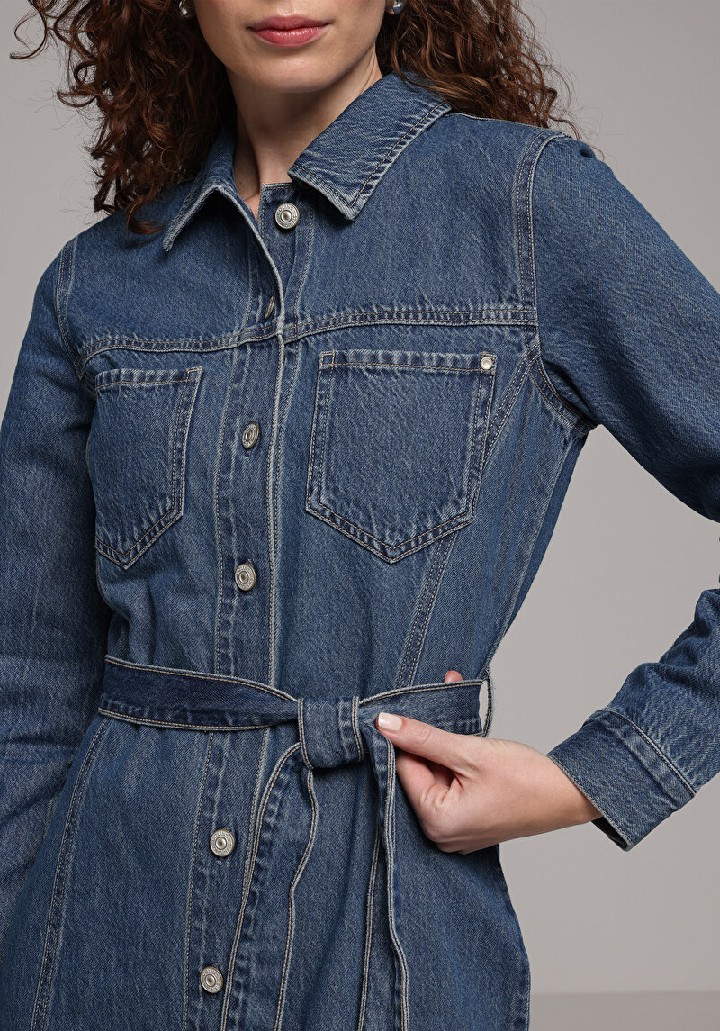 Slim Fit Düz Kadın Mavi Uzun Kol Elbise