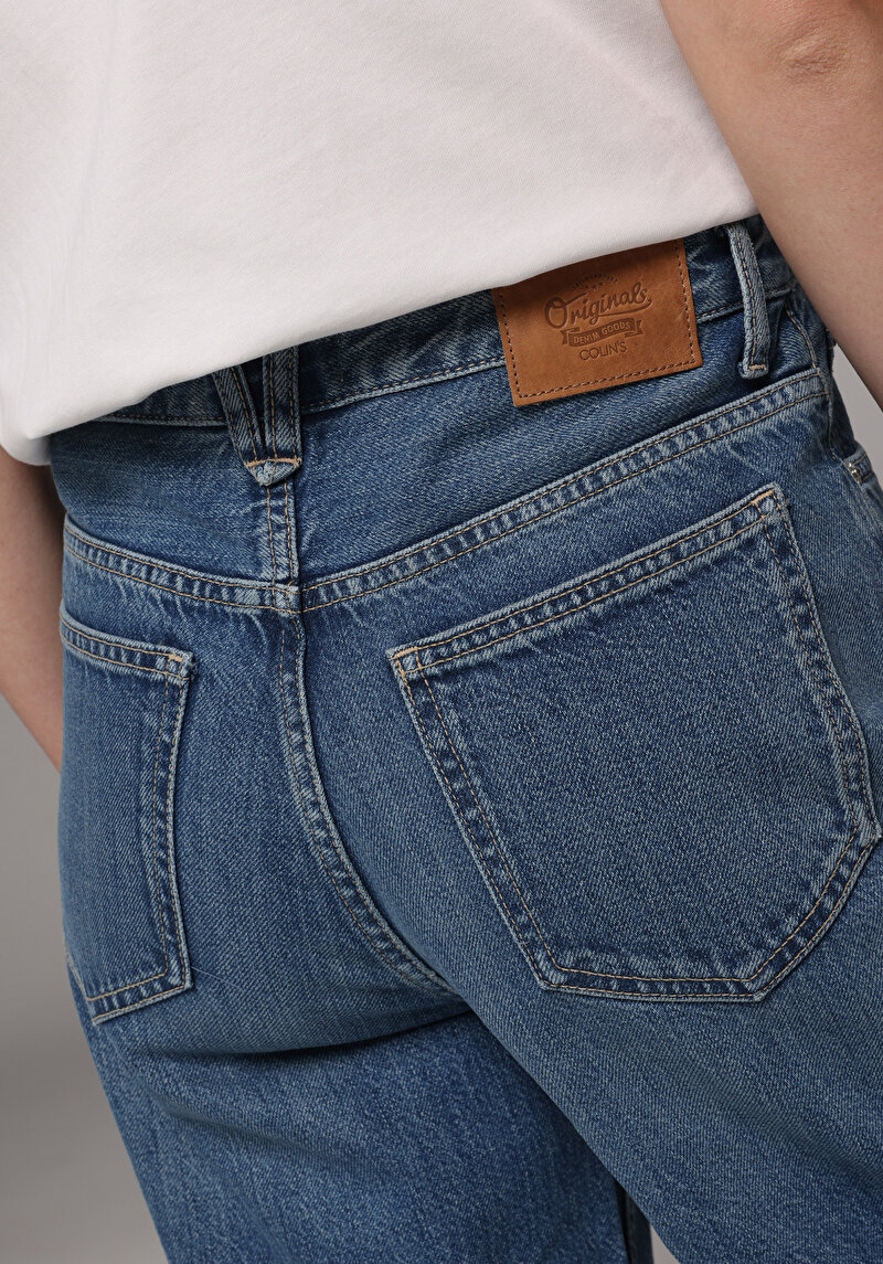 Loose Fit Düşük Bel Geniş Paça Kadın İndigo Jean Pantolon