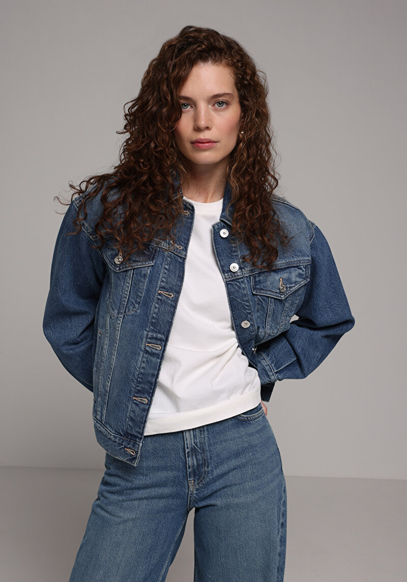 Oversize Fit Düğmeli Astarsız  Kadın Mavi Ceket