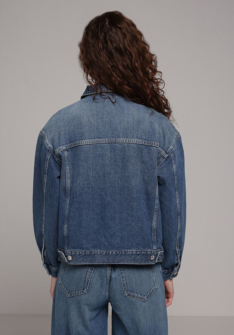 Oversize Fit Düğmeli Astarsız  Kadın Mavi Ceket