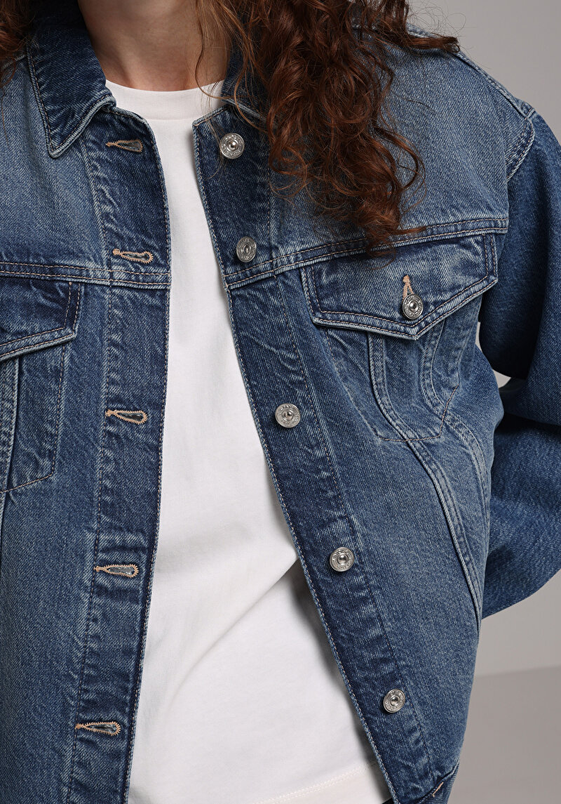 Oversize Fit Düğmeli Astarsız  Kadın Mavi Ceket