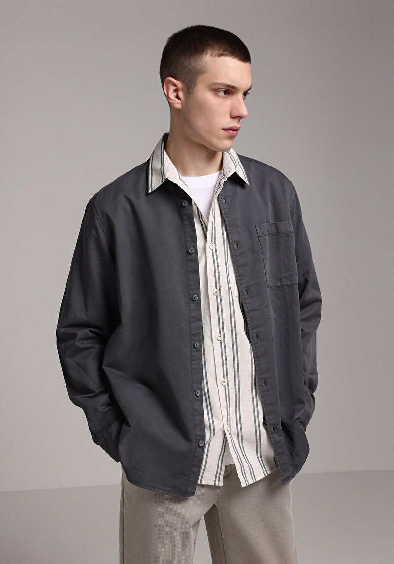 Relaxed Fit Shirt Neck Düz Erkek Gri Uzun Kol Gömlek