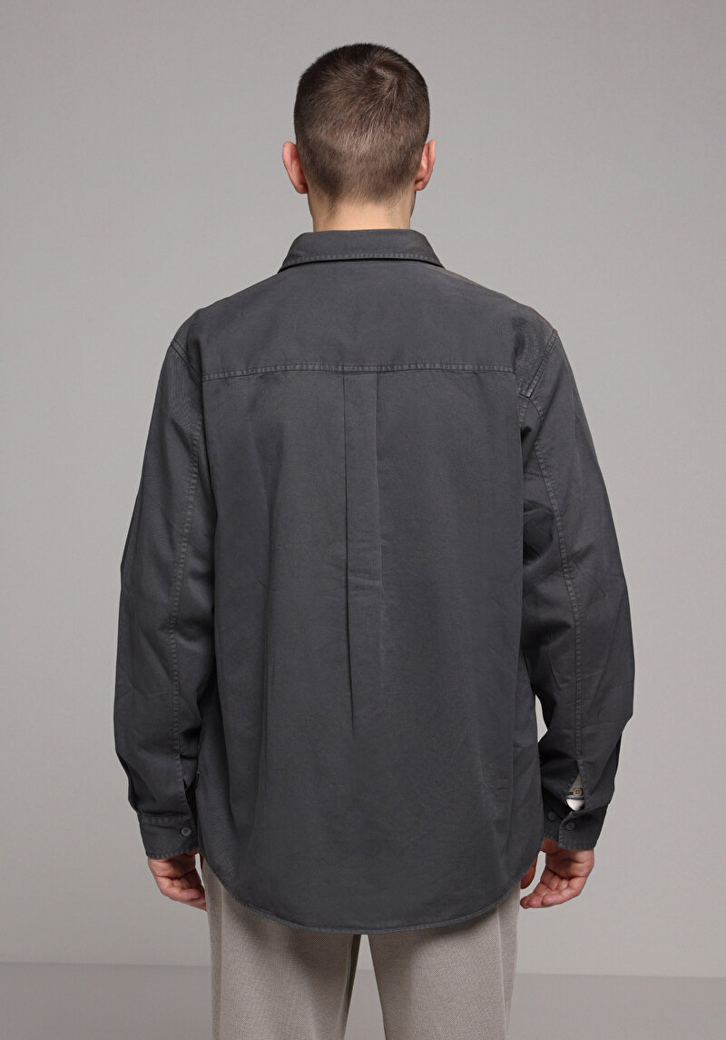 Relaxed Fit Shirt Neck Düz Erkek Gri Uzun Kol Gömlek