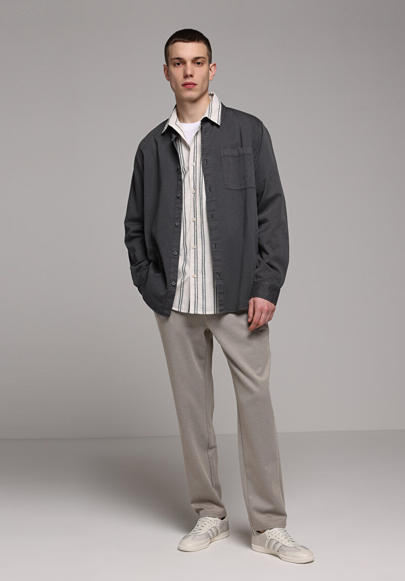 Relaxed Fit Shirt Neck Düz Erkek Gri Uzun Kol Gömlek