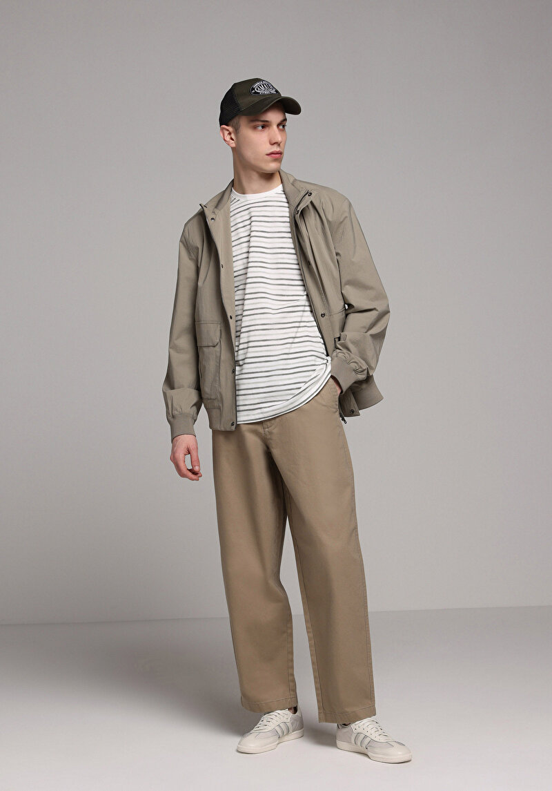 Relaxed Fit Orta Bel Bilekte Biten Geniş Paça Erkek Bej Pantolon