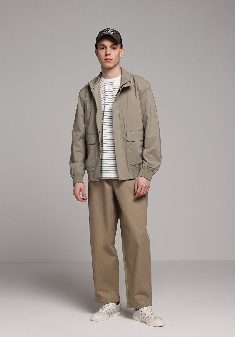 Relaxed Fit Orta Bel Bilekte Biten Geniş Paça Erkek Bej Pantolon