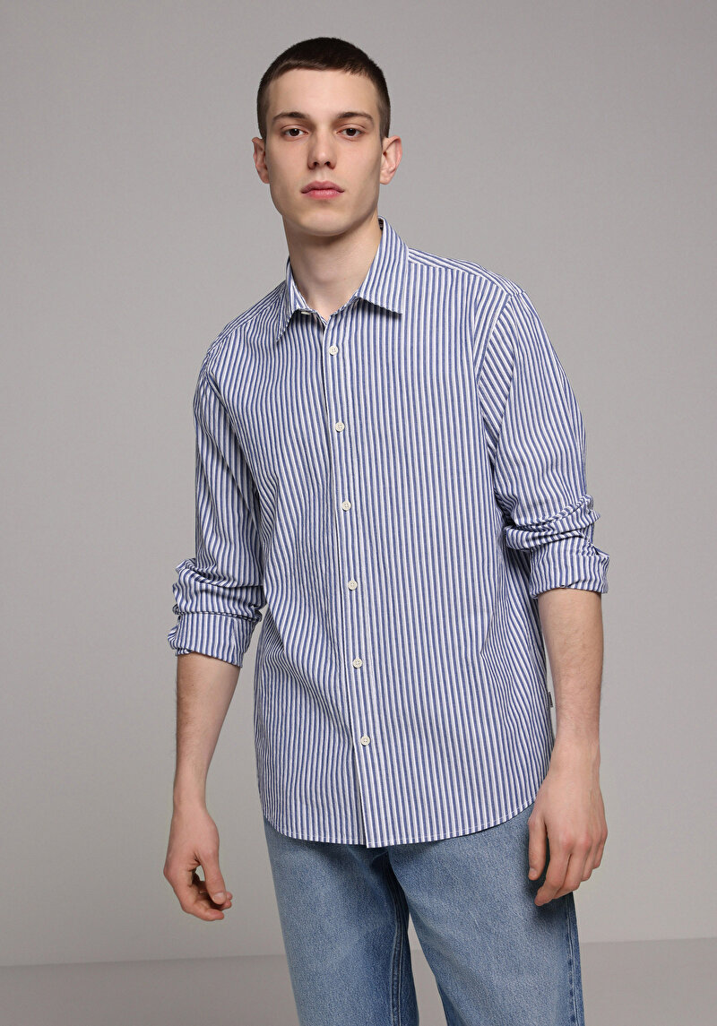 Regular Fit Shirt Neck Çizgili Erkek Mavi Uzun Kol Gömlek