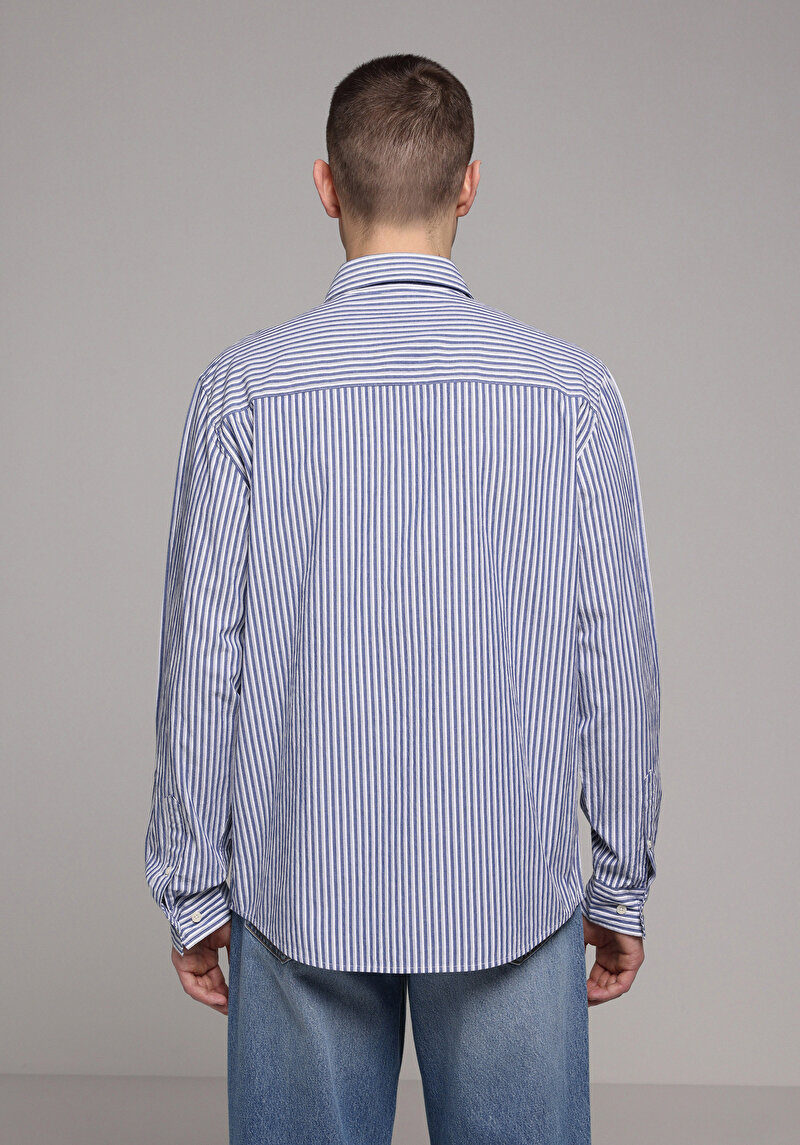 Regular Fit Shirt Neck Çizgili Erkek Mavi Uzun Kol Gömlek