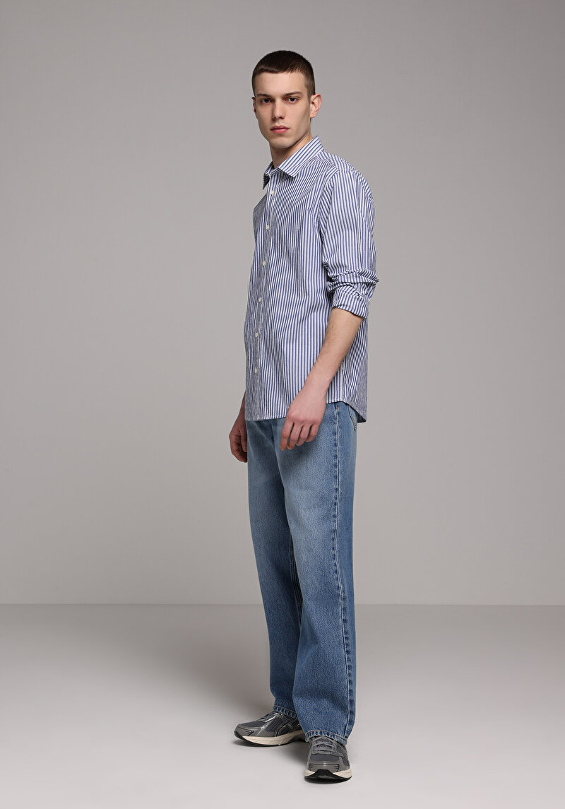 Regular Fit Shirt Neck Çizgili Erkek Mavi Uzun Kol Gömlek